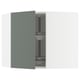 Open green-gray cabinet from ikea METOD series, with glass shelves.