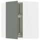 Modular kitchen unit with grey-green door open, showing shelves.