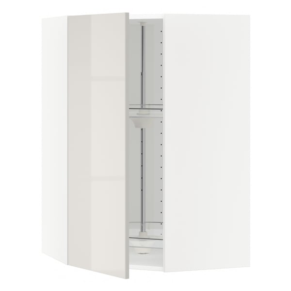 A white METOD corner cabinet with a modern design. It has an adjustable shelf and a high-gloss finish.