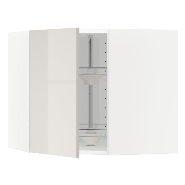 METOD high gloss grey modern kitchen cabinet with glass shelves.