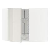 METOD high gloss grey modern kitchen cabinet with glass shelves.