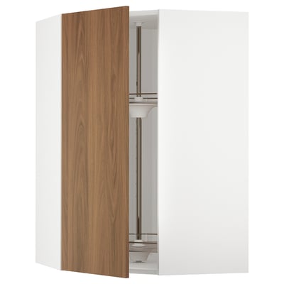 Modern open kitchen cabinet with walnut METOD, smooth surfaces, metal rail, glass shelf.