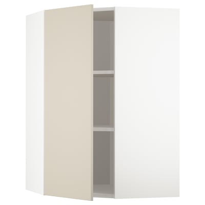 METOD white kitchen corner cabinet with beige door, three shelves.