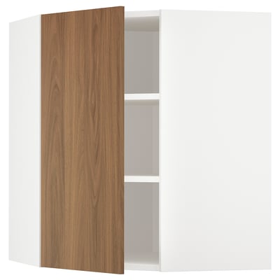 A modern, white kitchen cabinet with a single, open wooden door in a walnut finish.