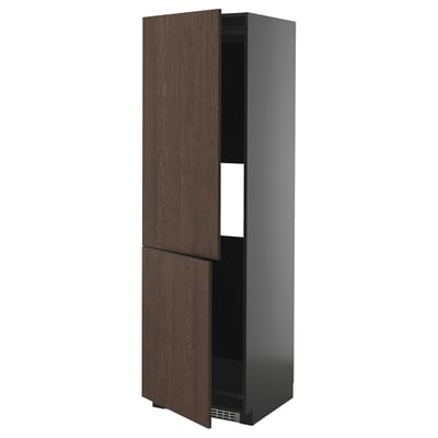 Dark wood and sleek black kitchen cabinet with adjustable shelves and solid wood edges.