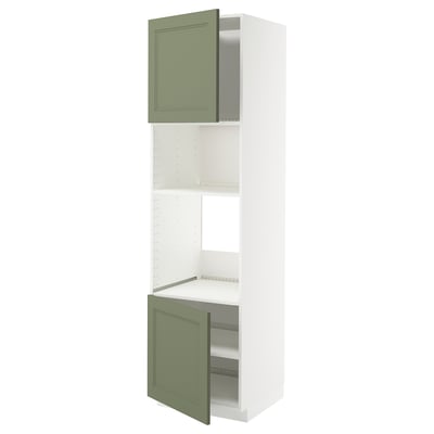 A tall METOD kitchen cabinet with grey-green axstad doors, featuring a modern design and adjustable shelves.
