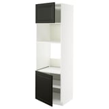 A white METOD tall kitchen cabinet with black bodbyn doors, featuring a sleek modern design.