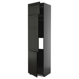 Black modern kitchen cabinet with beveled edges and multiple shelves.