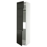 White tall storage cabinet with black doors open, showcasing internal shelves.
