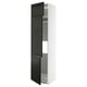 White tall storage cabinet with black doors open, showcasing internal shelves.