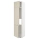Beige kitchen cabinet with white frame and adjustable shelves.
