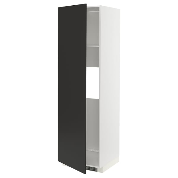 A white METOD kitchen cabinet with a black door, featuring a sleek and modern design. It has a single adjustable shelf inside and snap-on hinges.