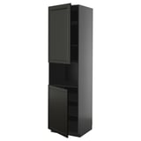 Black kitchen cabinet with bead doors, tall rectangular shape, sleek modern design.