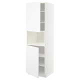 A white METOD kitchen cabinet with one door open, revealing adjustable shelves.