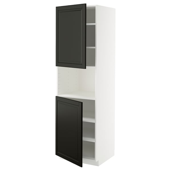 METOD High cab f micro w 2 doors/shelves, white/Bodbyn black, 60x60x200 cm