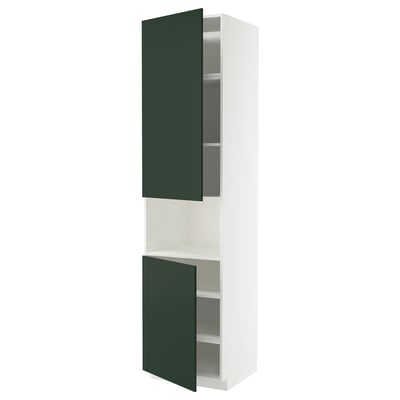 METOD tall kitchen unit in white with green doors.