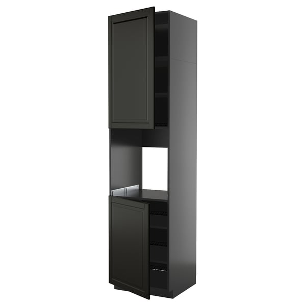 A tall, dark grey METOD kitchen cabinet with a sleek design, featuring adjustable shelves and a modern black finish.