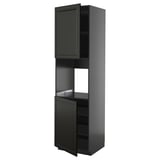 A black METOD kitchen cabinet with a tall, narrow shape and a door open to reveal shelves.
