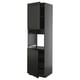 A black METOD kitchen cabinet with a tall, narrow shape and a door open to reveal shelves.