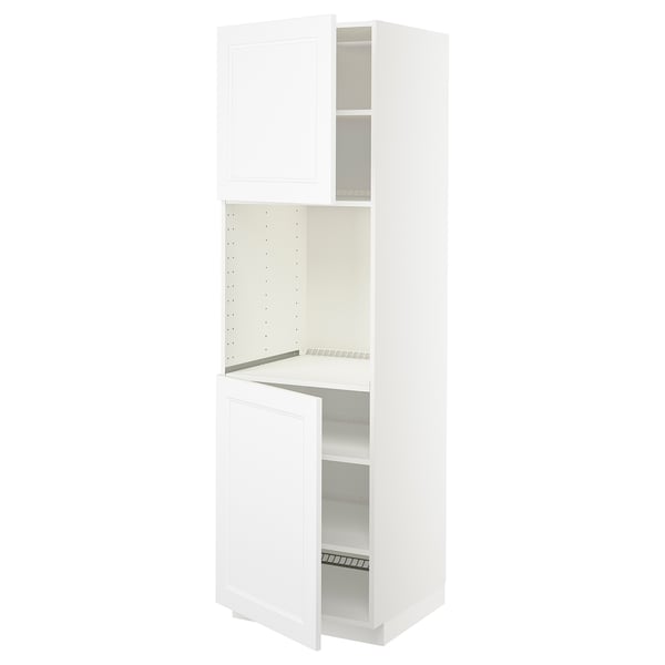 A white METOD kitchen cabinet with one open door, revealing shelves inside.