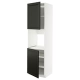 White ikea METOD kitchen cabinet with black doors and shelves.