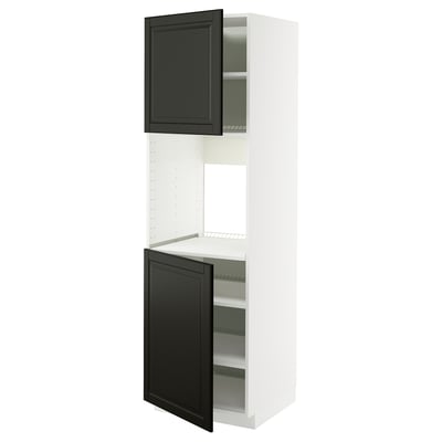Black and white kitchen cabinet with shelves.