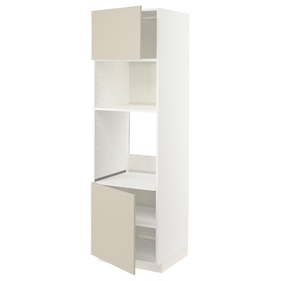 METOD kitchen cabinet in beige with two adjustable shelves and open door showing interior.