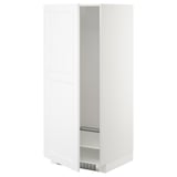 A white METOD kitchen cabinet with a swings open door revealing an adjustable shelf and a ventilation grille at the bottom.