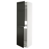 METOD tall white cabinet, black doors, beveled edges, three shelves.