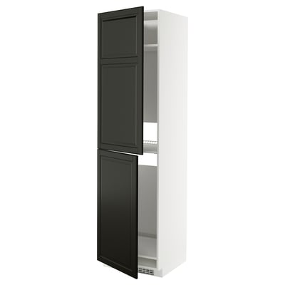 METOD tall white cabinet, black doors, beveled edges, three shelves.