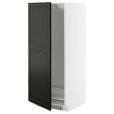 A white METOD kitchen cabinet with a black bodbyn door. Its slim, rectangular with a sleek, modern design. The door has beveled edges.