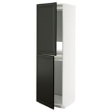 Modern tall white cabinet with black doors, reflecting interior shelves, sleek edges, designed for kitchen or bathroom storage.