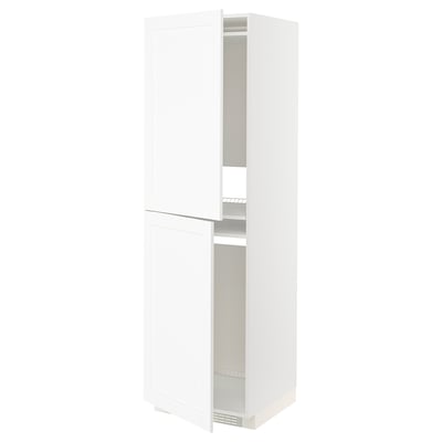 White METOD kitchen cabinet with adjustable shelves, two open doors.