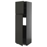 Black tall kitchen cabinet with two doors and adjustable shelves, sleek and modern design.