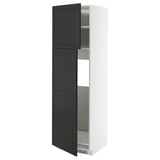 Modern black and white cabinet with two doors and shelves, sleek and tall.