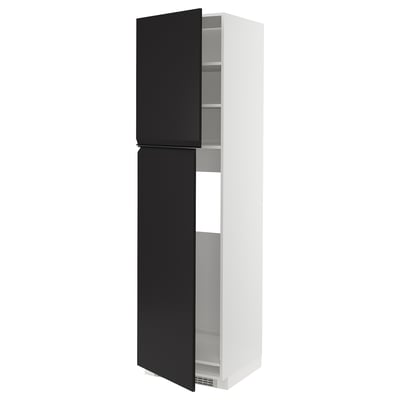 Modern tall white kitchen cabinet with black doors, stainless steel handles, adjustable shelves.