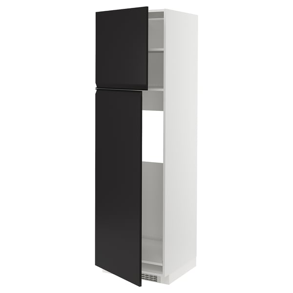 Modern black and white cabinet with adjustable shelves.