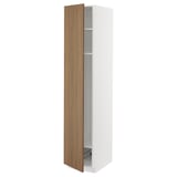 Ikea METOD kitchen cabinet, white & wood, tall, two shelves, open.