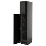 Tall black kitchen cabinet with one open door, metallic hinges, and inner shelves.