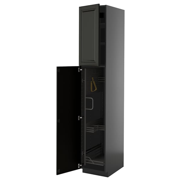 Black kitchen cabinet, tall. Modern design with open door, shelves visible.