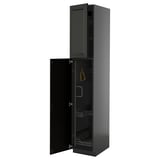 Black kitchen cabinet, tall. Modern design with open door, shelves visible.