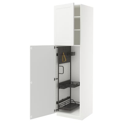 A white METOD cabinet from ikea with an open door revealing internal storage solutions.
