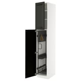 A white tall cabinet with black doors, open, revealing storage compartments. It a modern design with beveled edges.