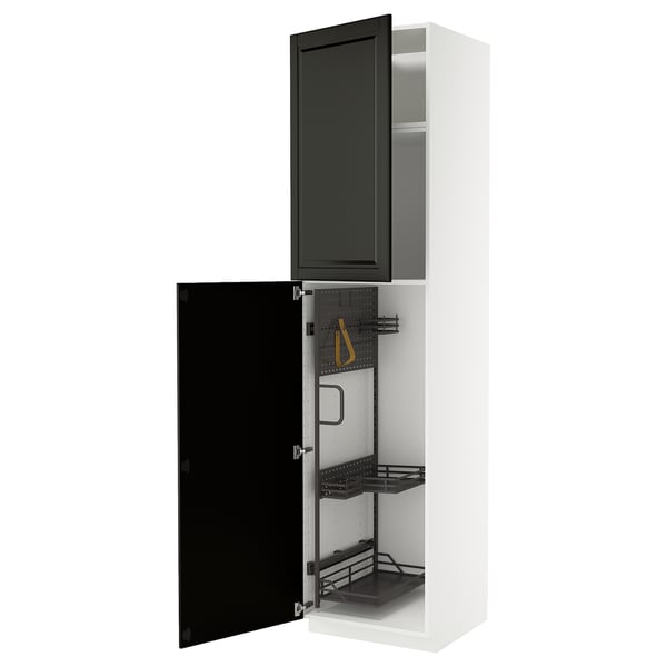 A white METOD kitchen cabinet with black bodbyn doors, featuring pull-out organizers inside.