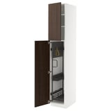 A white and dark brown taller kitchen cabinet from ikeas METOD system. It adjustable shelves and pull-out organizers for storage.