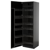 Black, tall kitchen cabinet with pull-out shelves, sleek modern design.
