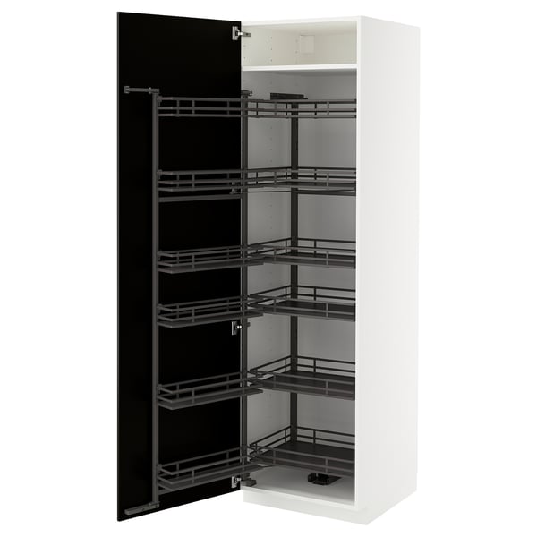 White METOD kitchen cabinet with black pull-out shelves, sleek modern design.