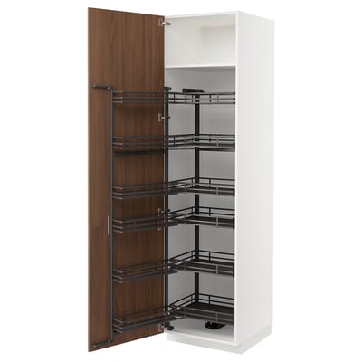 Modern white METOD kitchen cabinet, brown door, pull-out shelves.