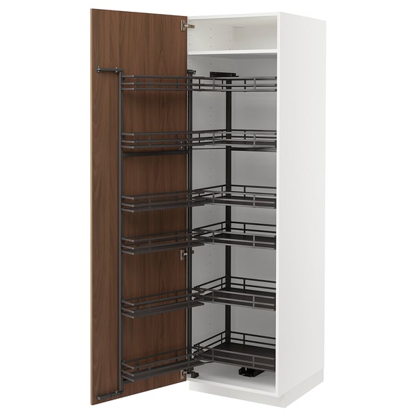 Open white kitchen cabinet with dark wood door and multiple black pull-out shelves.