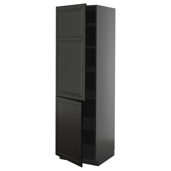 Black METOD kitchen cabinet with bodbyn fronts, rectangular, tall with three shelves, dark finish, modern design.